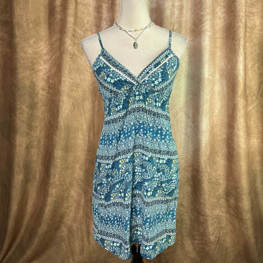 Vintage Y2K Mini Dress Floral Pattern Blue V Neck Wet Seal Summer Boho Festival